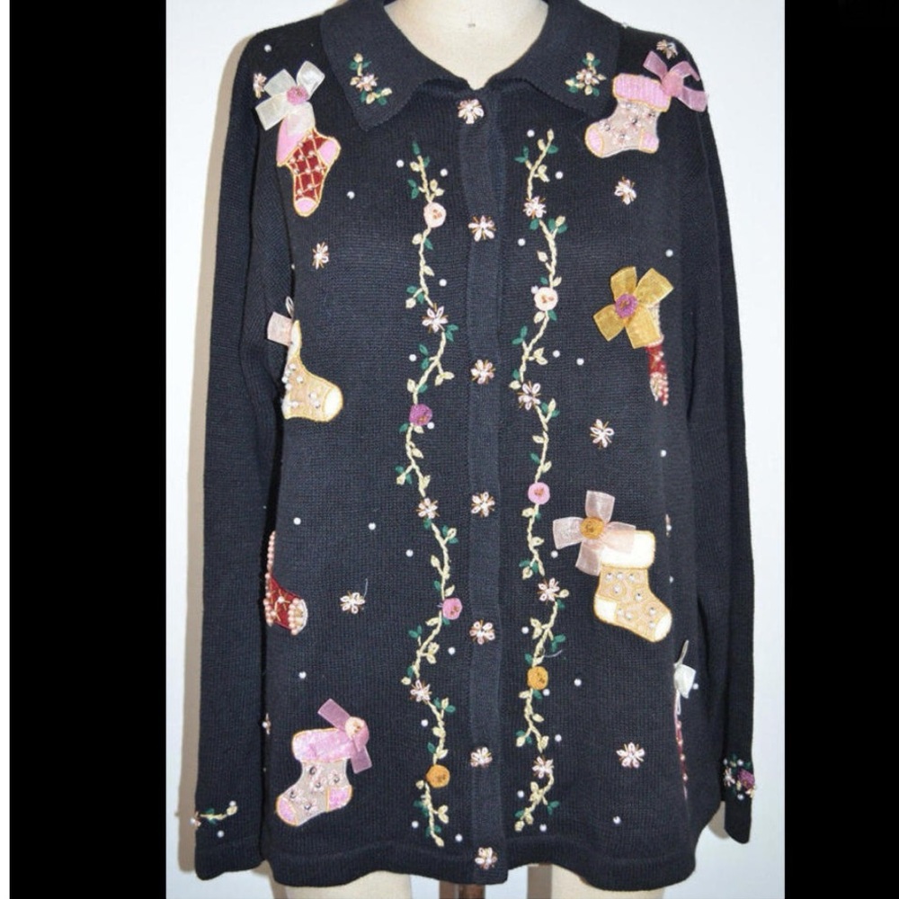 BP Design Black Sweater with pink & gold Stockings, Ribbons, and Pearls